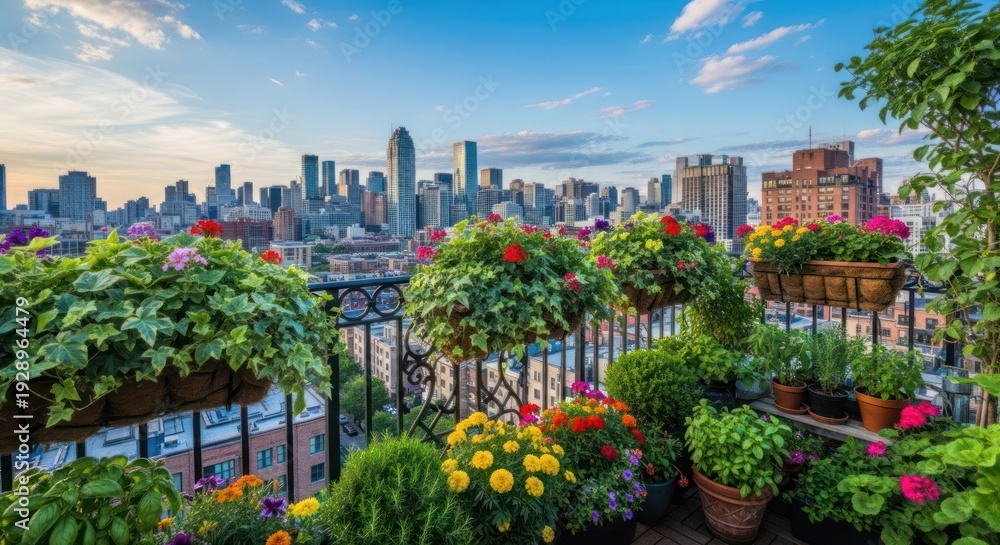 Fototapeta premium A vibrant cityscape viewed from a balcony adorned with blooming flowers and lush greenery.