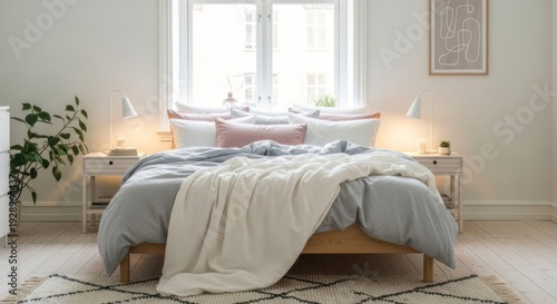 A cozy bedroom with a neatly made bed, featuring a mix of soft textures and neutral colors, creating a serene and inviting atmosphere.