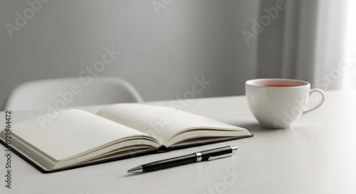 A serene workspace with a book, pen, and cup of tea on a white table, suggesting a moment of relaxation or contemplation.