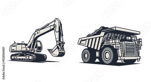 Heavy machinery illustration featuring excavator and dump truck for construction and mining.