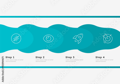 Opportunity for company growth blue overlay horizontal timeline infographic 4 steps. Effective startup launching. Upgrading company. Editable thin line icons diagram process. Lexend font used
