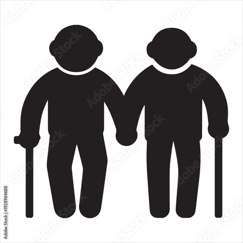 Black silhouette vector icon depicting an elderly senior couple holding hands and walking with canes, symbolizing retirement, aging, and love