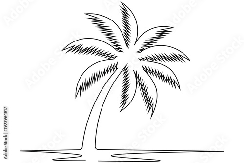 Palm tree one line art drawing with simple horizon line minimalist tropical beach outline vector