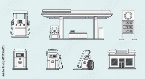 Gas station elements - fuel pumps, canopy, sign, and building in monochrome style.