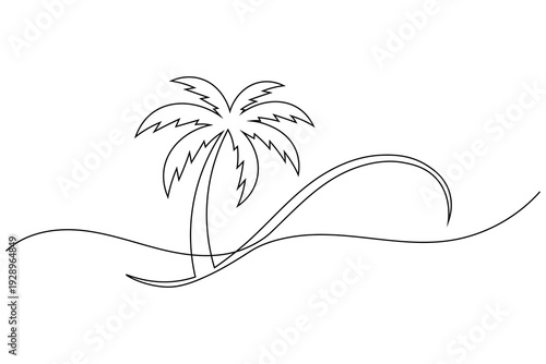 Minimalist one line drawing of a palm tree and ocean wave tropical summer beach line art vector