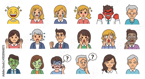 Diverse collection of illustrated faces depicting various emotional expressions and feelings.