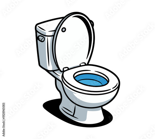 A cartoon illustration of a toilet with the lid up and water in the bowl