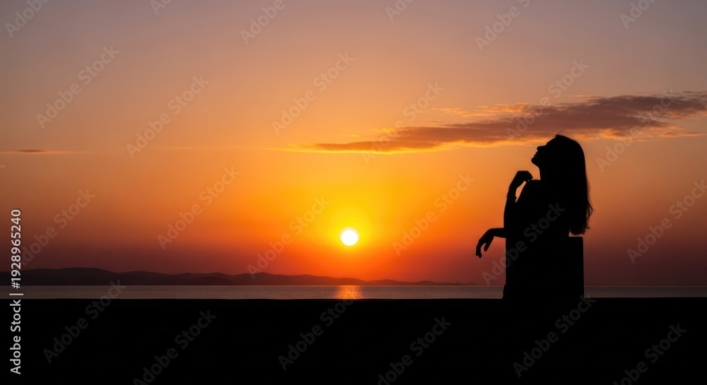 Fototapeta premium A silhouette of a person standing on a beach, gazing at the setting sun over the ocean.