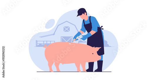 Farmer caring for a pig on a farm illustration.