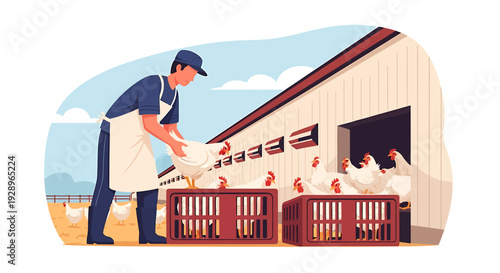 Farmer caring for chickens in crates at poultry farm.