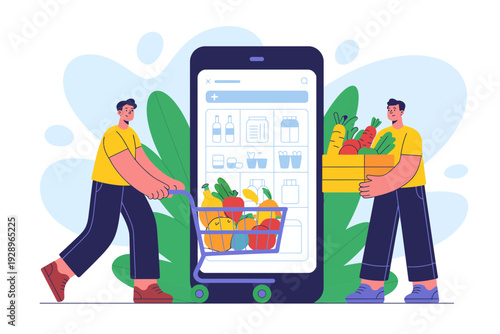 A colorful illustration of two men holding a shopping basket and a box of vegetables next to a large smartphone with an online shopping app open on its screen.