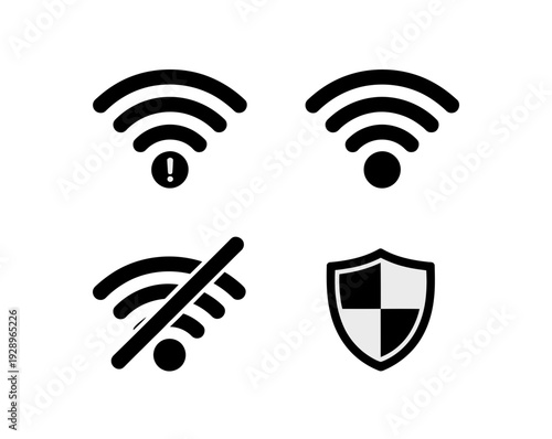 A set of four WiFi signal icons with different status indicators, including secure and insecure connections.