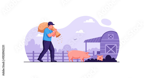 Farmer carrying feed bag to pig on farm.