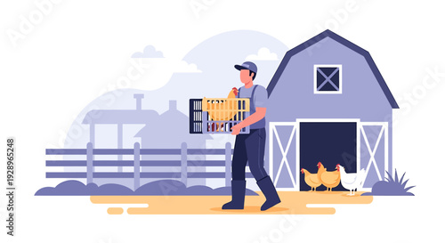 Farmer Carrying Eggs Near Barn with Chickens.