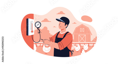 Farmer checks temperature gauge on farm with barn.