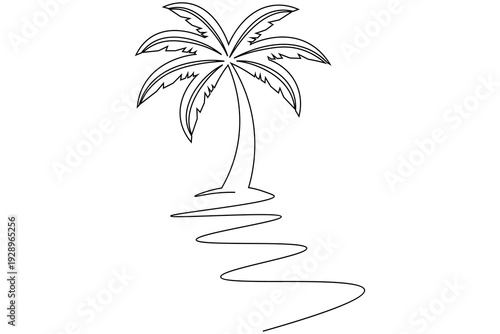 Minimalist palm tree one line drawing with water ripples tropical summer beach outline vector