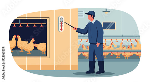 Farmer checks temperature in poultry farm building.