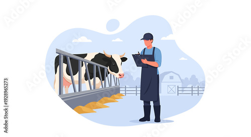 Farmer checking cows in a modern dairy farm setting.