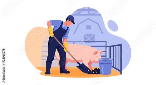 Farmer cleaning pig pen with shovel and bucket.