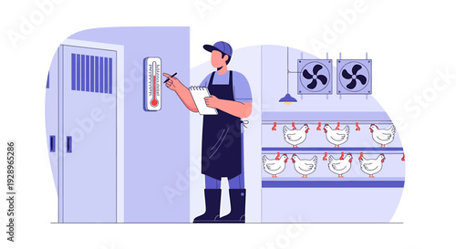 Farmer checks temperature in poultry farm environment.