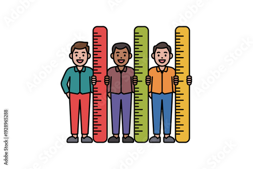 A colorful illustration of four men standing next to large rulers, representing growth and measurement in a fun and playful way.
