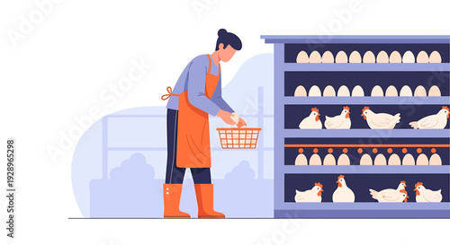 Farmer collecting fresh eggs from a shelf display.