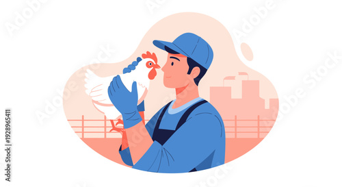 Farmer Holding Chicken Gently Caring for Poultry.