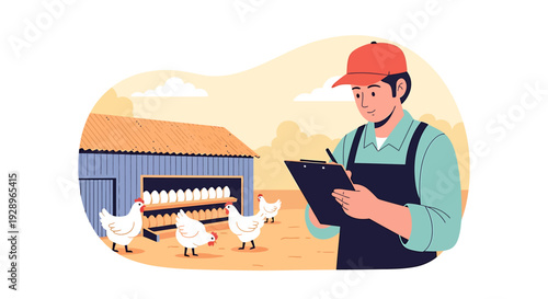 Farmer Inspecting Chicken Coop and Eggs on Farm.