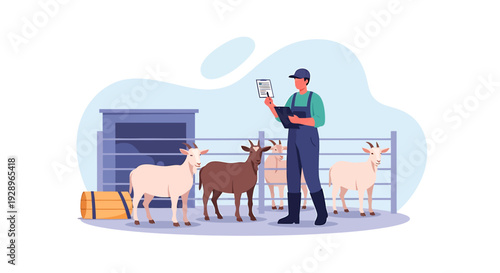 Farmer Inspecting Livestock in a Pen.