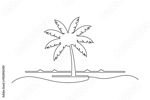 Simple one line drawing of a palm tree on the beach horizon minimalist tropical nature vector