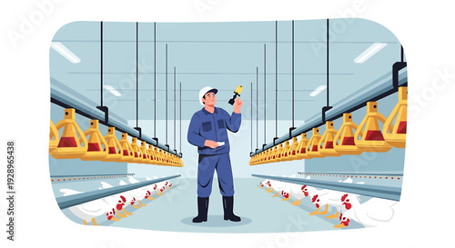 Farmer Inspecting Poultry Farm Equipment and Birds.