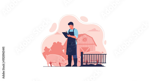 Farmer Inspecting Pig Herd on Farm.