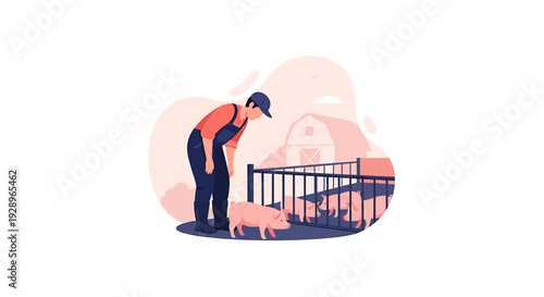 Farmer Inspecting Young Piglet in Outdoor Pen.
