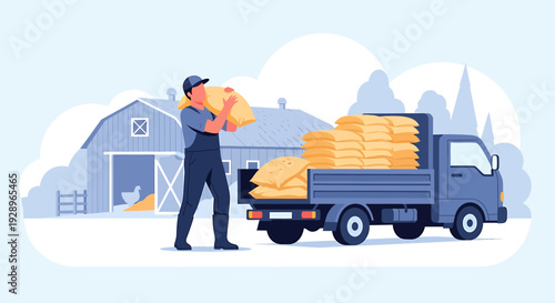 Farmer loading hay bales onto a truck at the farm.