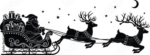 Black silhouette of Santa Claus flying in a sleigh pulled by reindeer with gifts and stars for Christmas winter holiday card design.