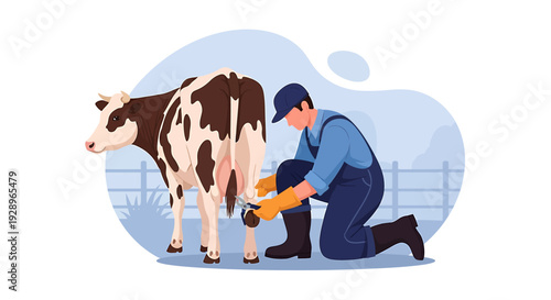 Farmer Milking a Holstein Cow on a Dairy Farm.