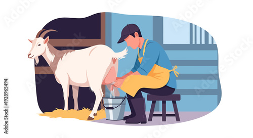 Farmer Milking a Goat on a Farm.