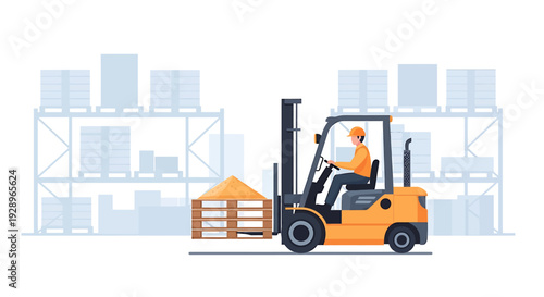 Forklift driver operating a forklift in a warehouse moving goods.