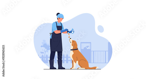 Groomer Blow Drying A Dog After Bathing In A Salon.