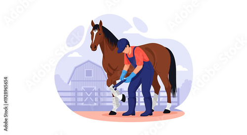 Grooming a brown horse with a man in a stable.