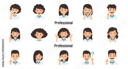 Diverse professional portraits showcasing various emotions and expressions in a studio setting.