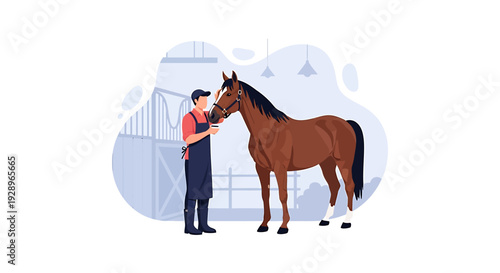Man caring for a brown horse in a stable setting.
