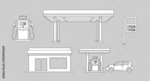 Gas station sketch with fuel pumps, canopy, and a small car.