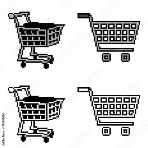 Set editable pixel shopping cart vector for retro retail apps. Ideal for symbolizing 8-bit digital commerce, arcade style grocery markets, and vintage online buying.