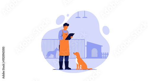 Man in apron with clipboard observing a dog in a kennel.