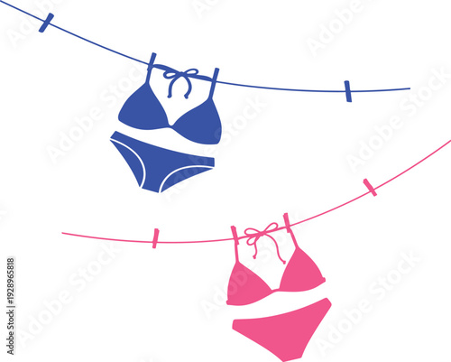 Vibrant blue and pink bikinis gracefully drying on separate clotheslines, evoking a serene summer day, poolside relaxation, or an idyllic beach vacation