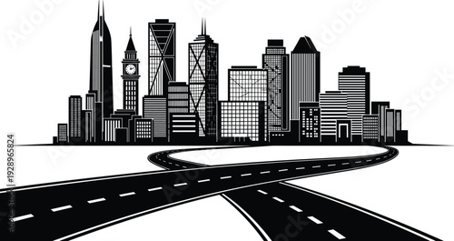 Modern city skyline silhouette vector illustration, urban skyscrapers with curved highway road, black and white metropolitan architecture design