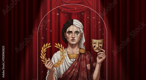 Theatre performer in ancient costume holding comedy and tragedy masks with laurel wreath on stage with red curtains