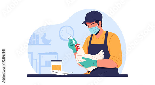Man in mask and gloves examining a chicken.