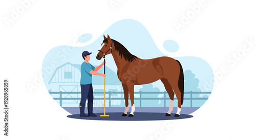 Man measuring a brown horse with a measuring stick.